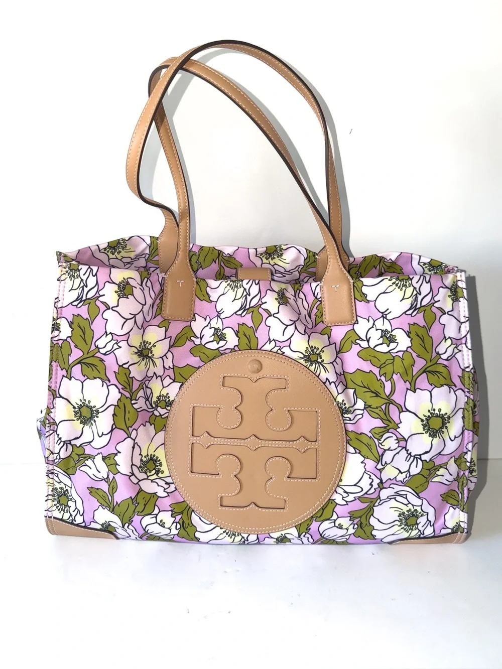 Tory Burch Ella Pink Floral Print Tote with Tan Leather Logo Laptop Sleeve